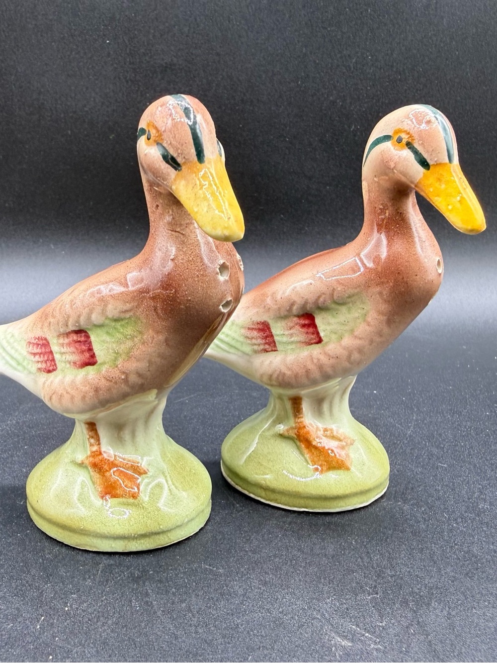 Vintage Ceramic Duck Salt and Pepper Figurine Pair - Brown and Green